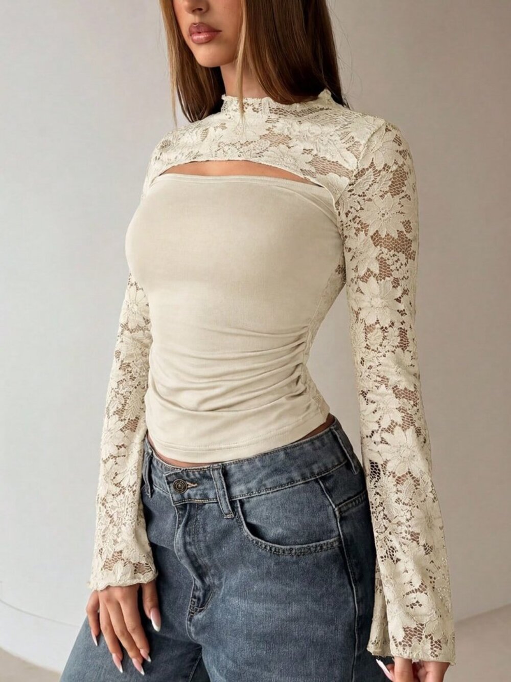 Apricot Casual Women's Lace Bell Sleeve T-Shirt - Picture 5 of 7
